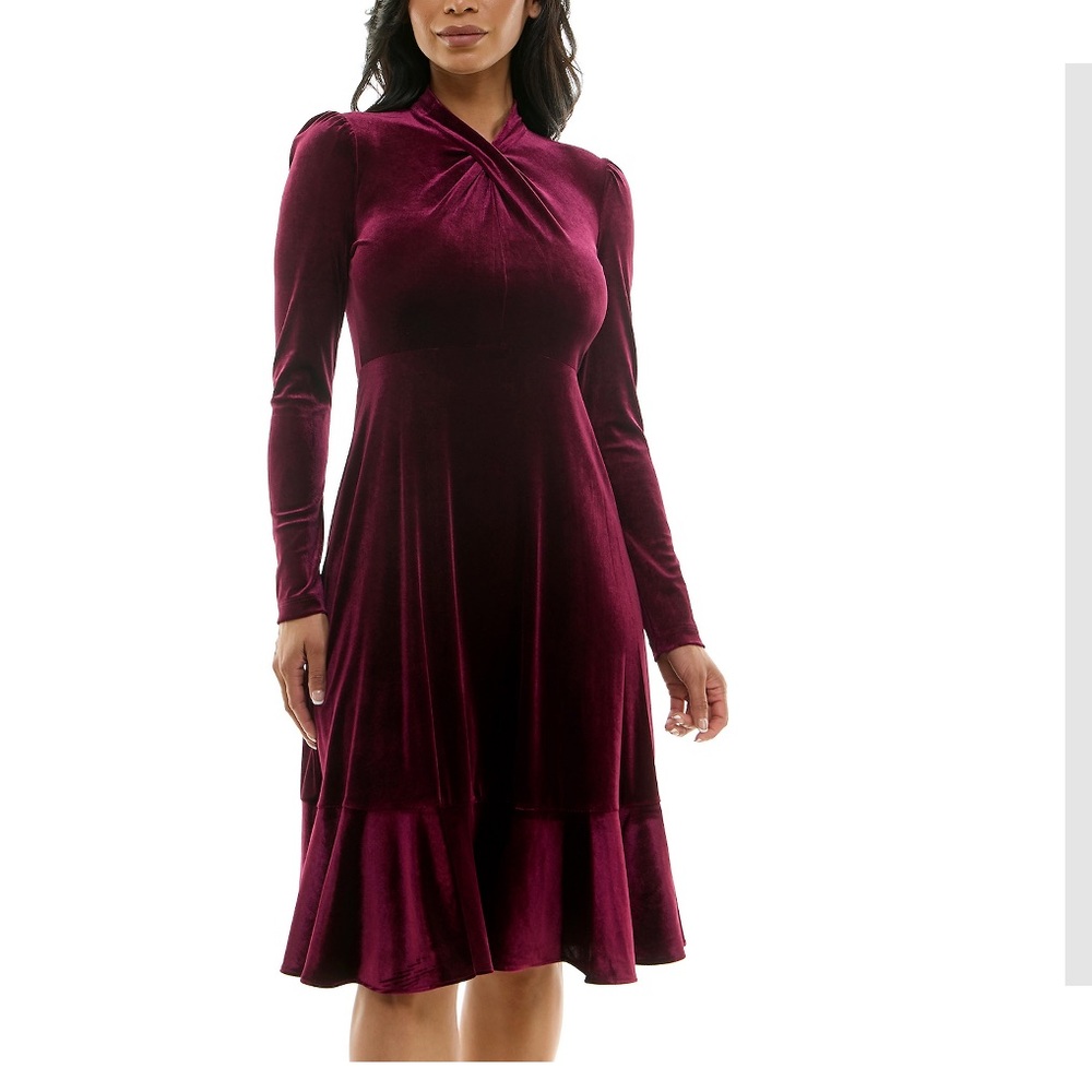 Maison Tara Red Ruffled High-Low Midi Dress with Long Sleeves